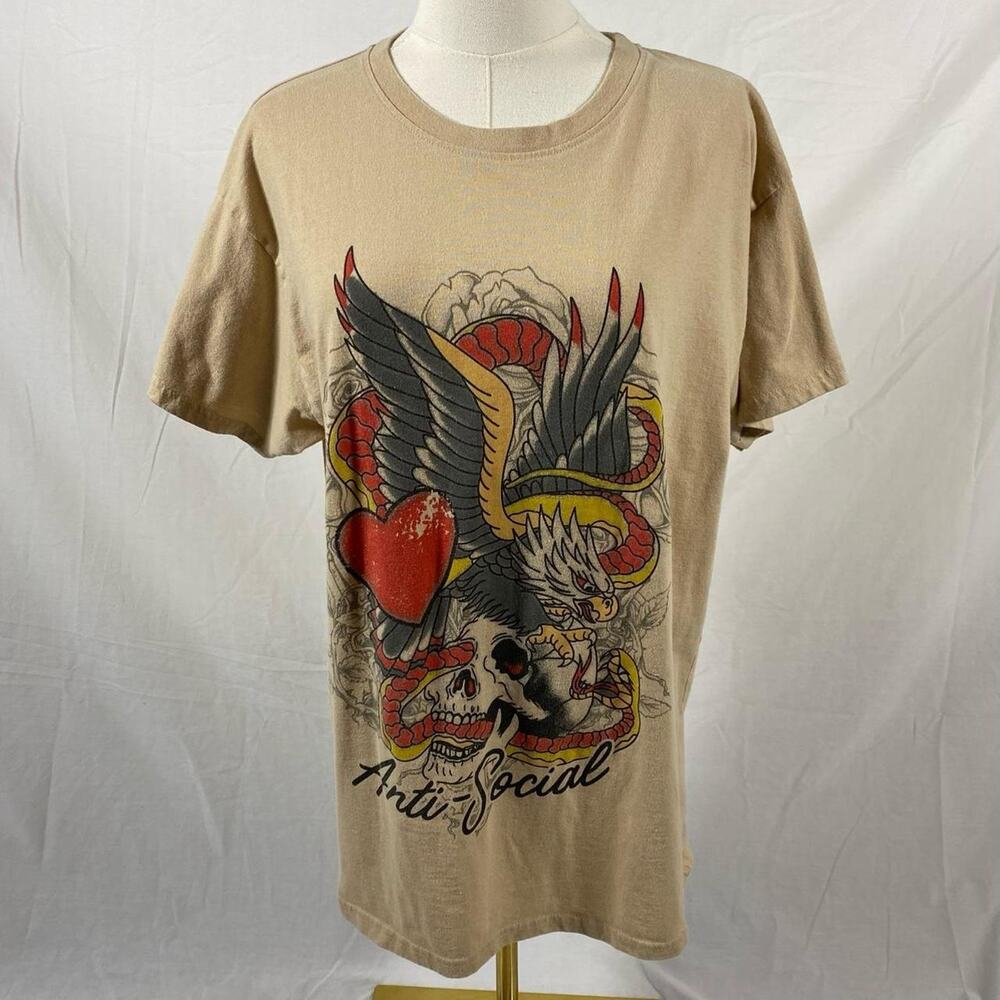 Brisco tan brown bird skull t shirt 'Anti Social' size large grunge skater alt